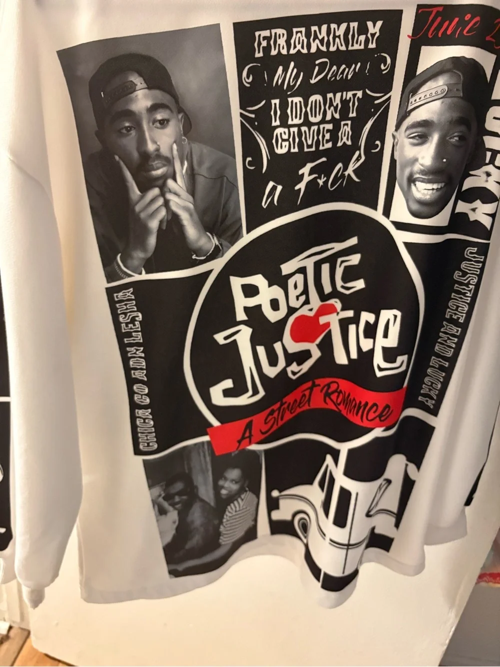 Poetic Justice Graphic Pullover Sweatshirt - White with Black & Red Print